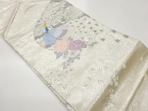 プラチナ箔孔雀に花々模様織出し名古屋帯